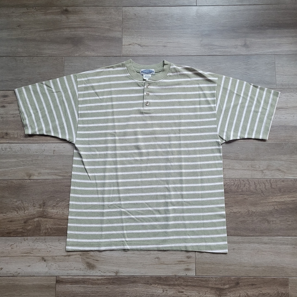 Vintage 90s Supplies Green Striped Knit Henley T Shirt Oversized Large Skate